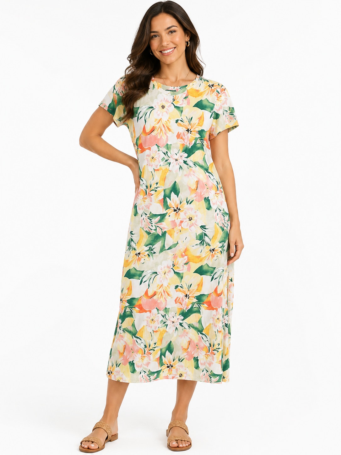 D&Co Beach Petite Xxs Tropical Floral Midi Dress Women's Short Sleeve Stretch